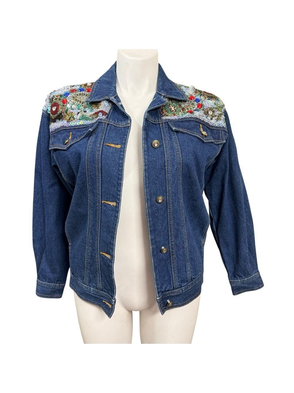Vintage 1991 I.B. Diffusion Beaded Sequin Denim Jacket Made in Hong Kong Size L